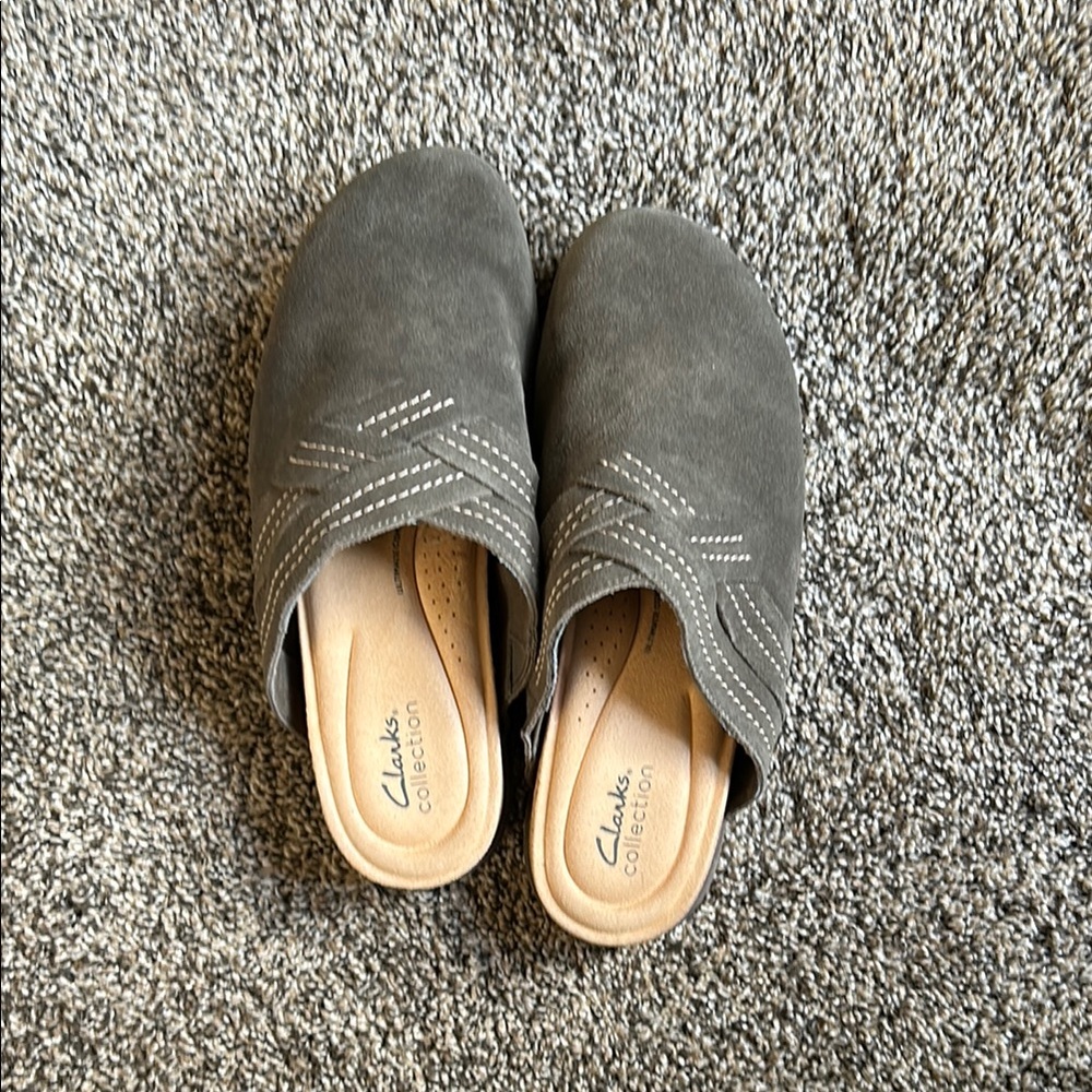 Clarks Green Mules with Suede Finish